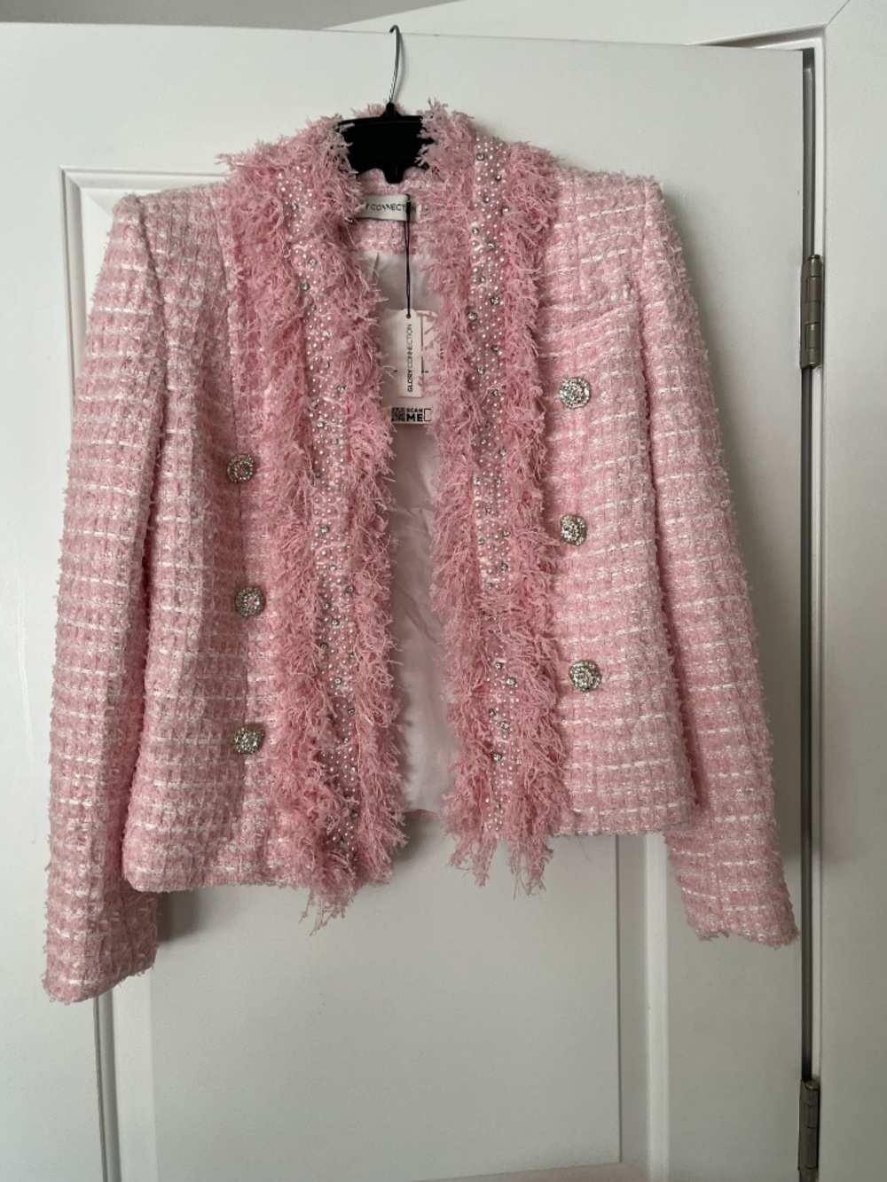 NWT Glory Connection Pink & White Josephine Tweed Embellished Blazer Jacket SzS